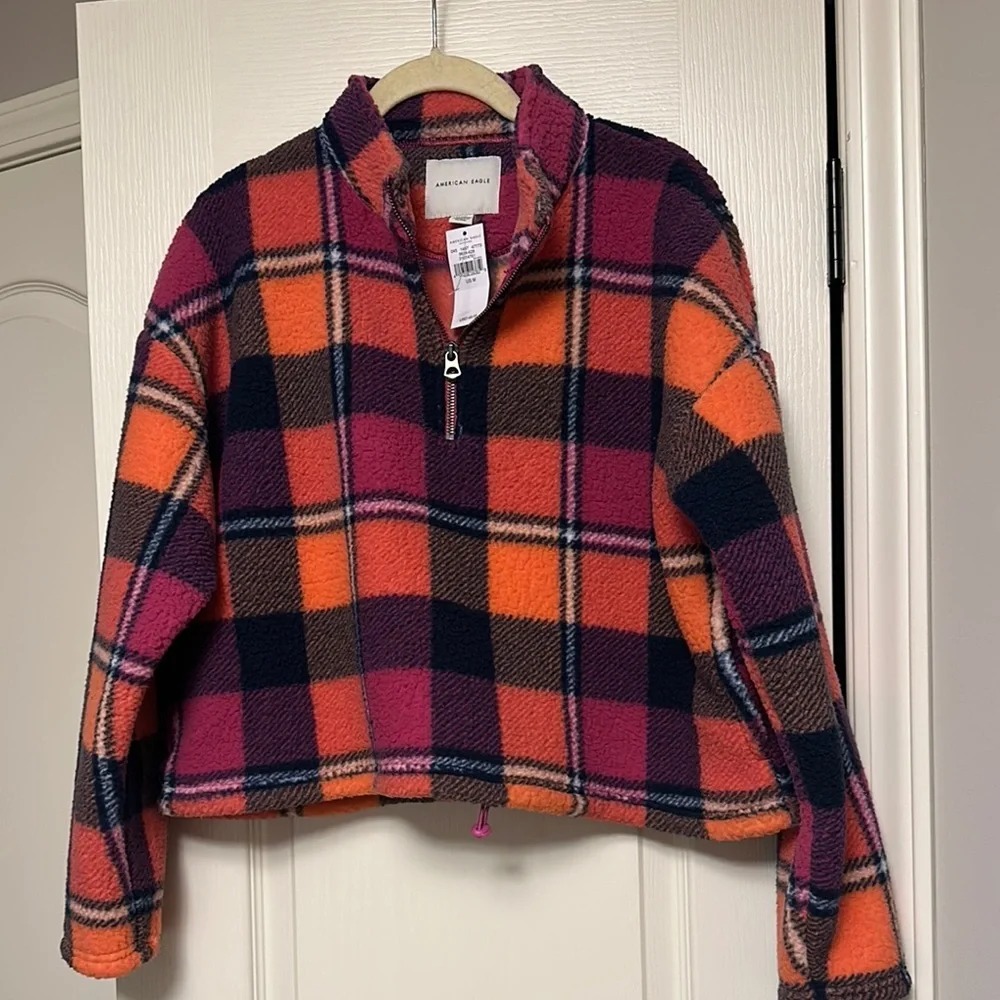 NWT American Eagle Women Plaid Fleece Sherpa 1/4 Zip Crop Jacket *M* - Picture 1 of 5